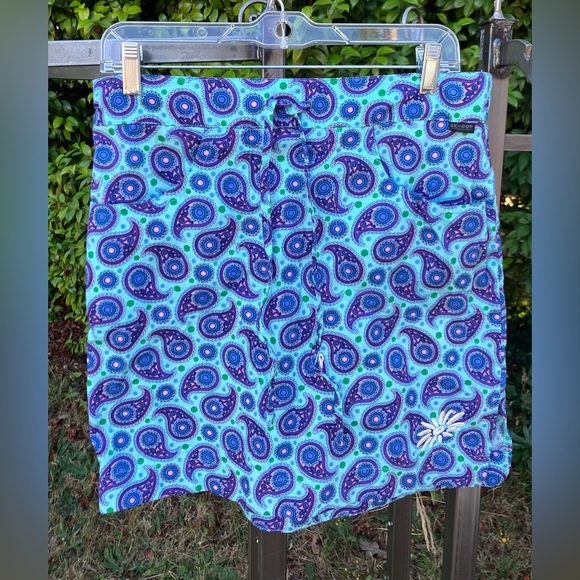 EUC SKHOOP Fiona Blue Purple Paisley Cotton Mini Skirt Oeko-Tex Sustainable Sz M - Picture 1 of 10